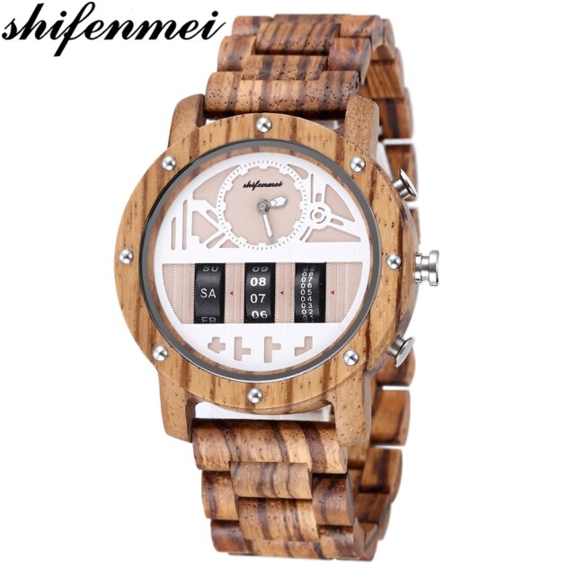 Shifenmei Watch Mens Roller Digital Dial Watch Top Luxury Brand Military Sport Quartz Wristwatch Wooden Watch Relogio Masculino