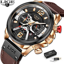 Load image into Gallery viewer, 2021 New Mens Watches LIGE Top Brand Leather Chronograph Waterproof Sport Automatic Date Quartz Watch For Men Relogio Masculino
