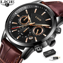 Load image into Gallery viewer, 2021 New Mens Watches LIGE Top Brand Leather Chronograph Waterproof Sport Automatic Date Quartz Watch For Men Relogio Masculino
